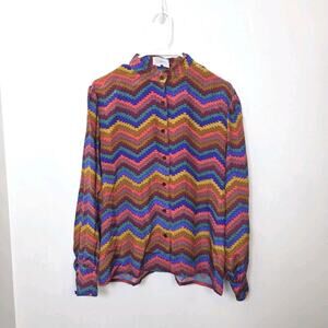 Vintage Chemise Multicolor Funky Chevron Long Sleeve Silk Button Up Shirt Sz 10